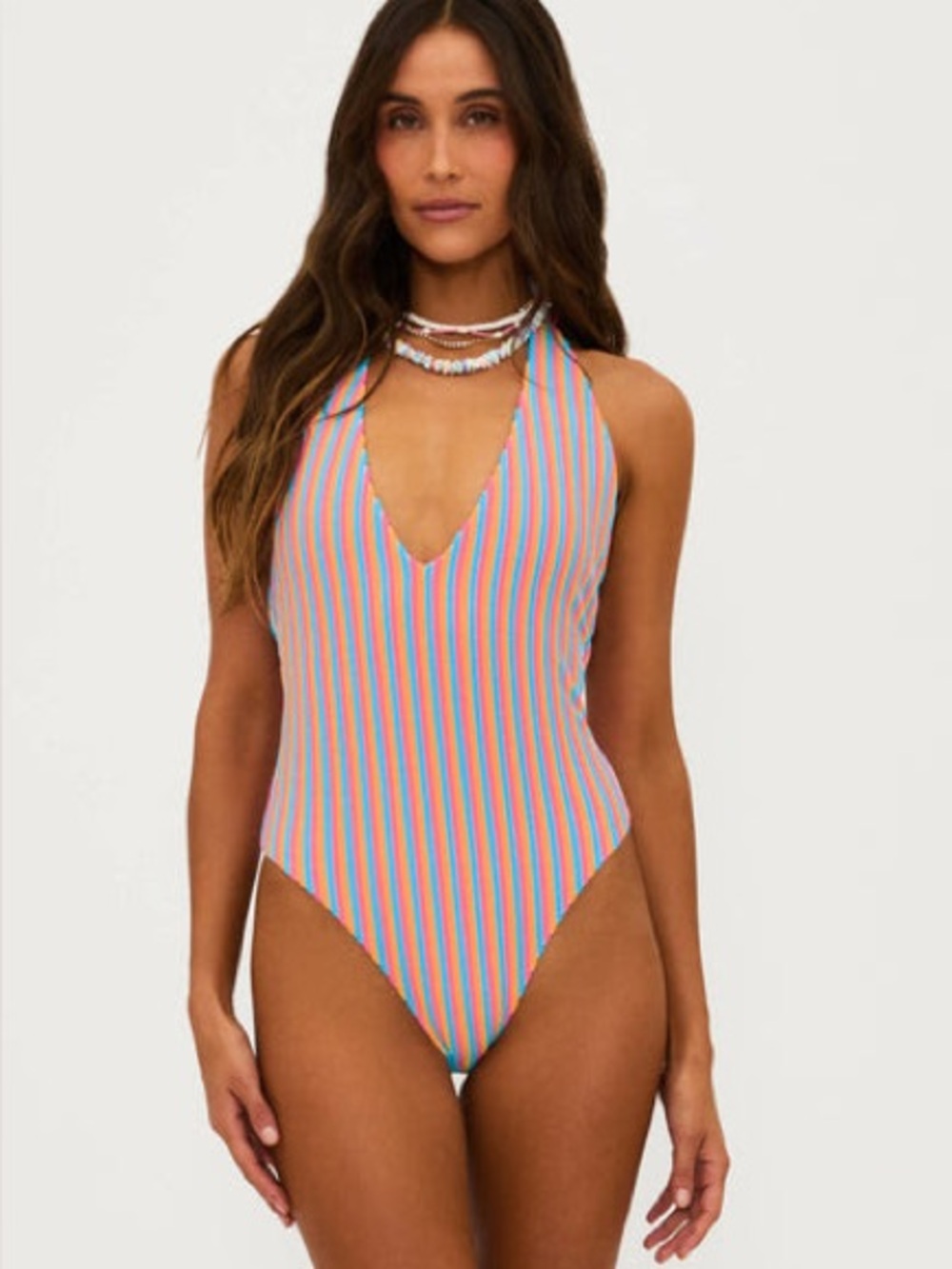 Beach Riot terry one piece swimsuit Frida Petal Multicolor Striped V-Neck